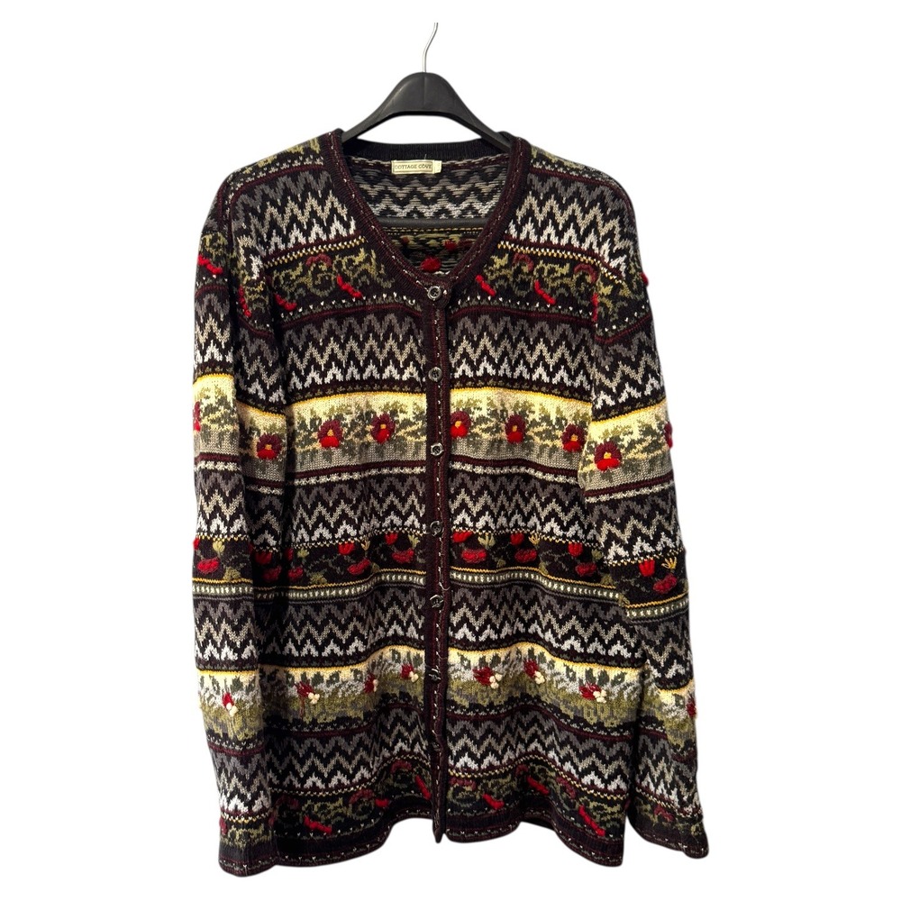 Cottagecore Cardigan Sweater Womens L Floral‎ Embroidered Knit Button Up Grandma